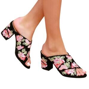 Sole Society So Luella Block Peep Toe Mules Block Heels Floral Embroidery sz 7 M